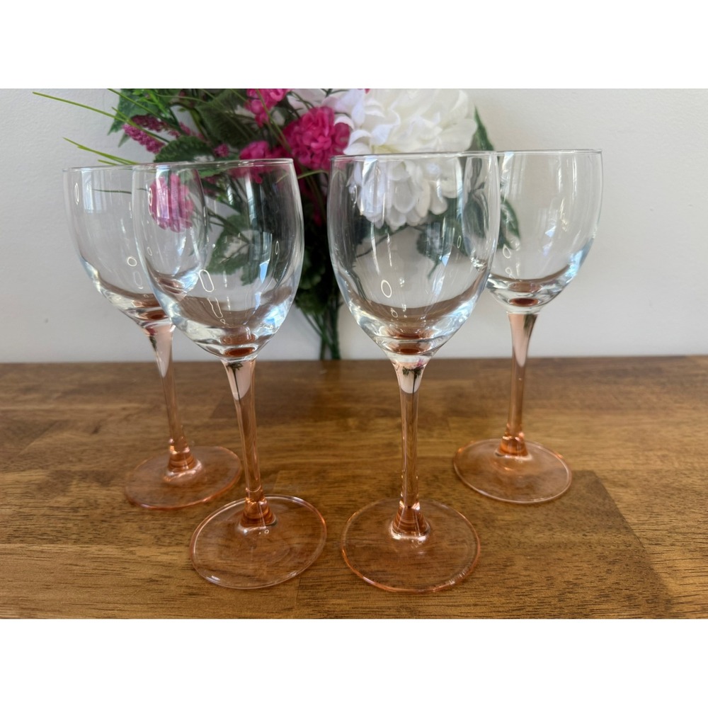 Vintage Luminarc France Pink Stem Wine Glasses Set of 4 Retro Barware Bar‎ Cart